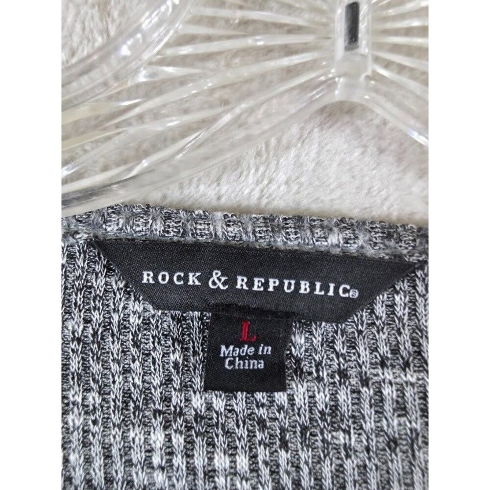 Rock & Republic Sz L Side Ruched Surplus Sweater Heather Grey Black Modesty Snap - Picture 3 of 9